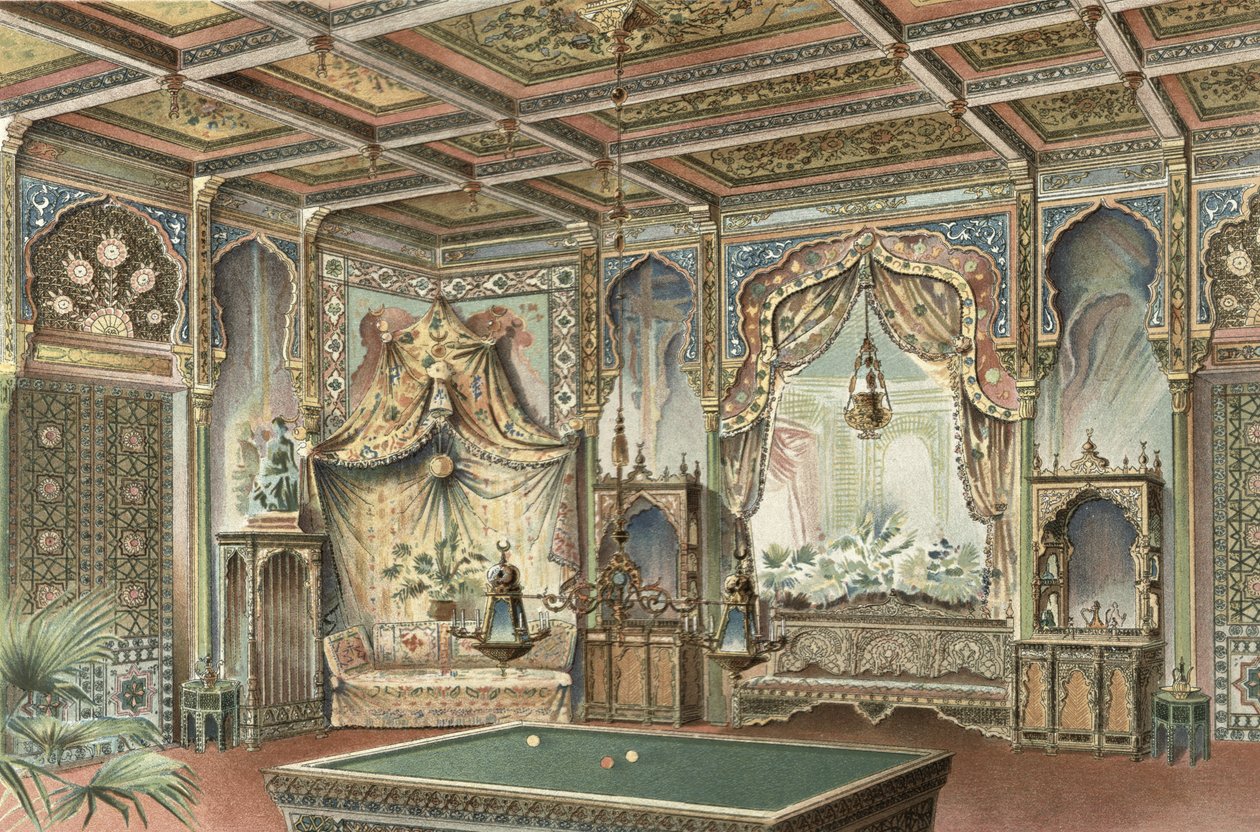 Mauretańska sala bilardowa, ilustracja z „La Decoration Interieure”, wydana ok. 1893–94 (kolor litho) autorstwa Adrien (after) Simoneton