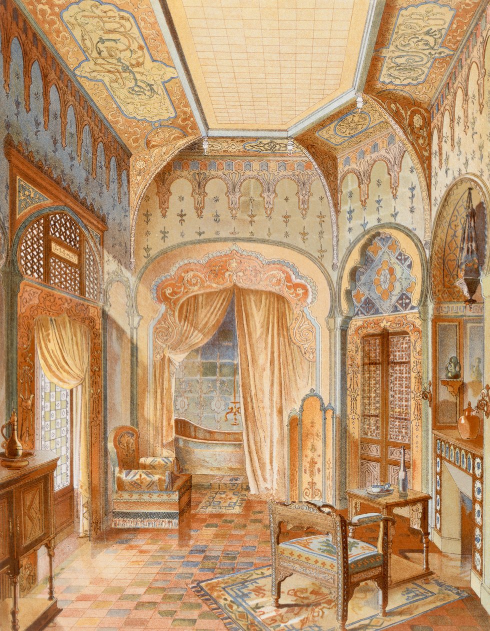 Wnętrze łazienki w stylu mauretańskim, ilustracja z „La Decoration Interieure” wydanej ok. 1893–94 (kolor litho) autorstwa Adrien (after) Simoneton