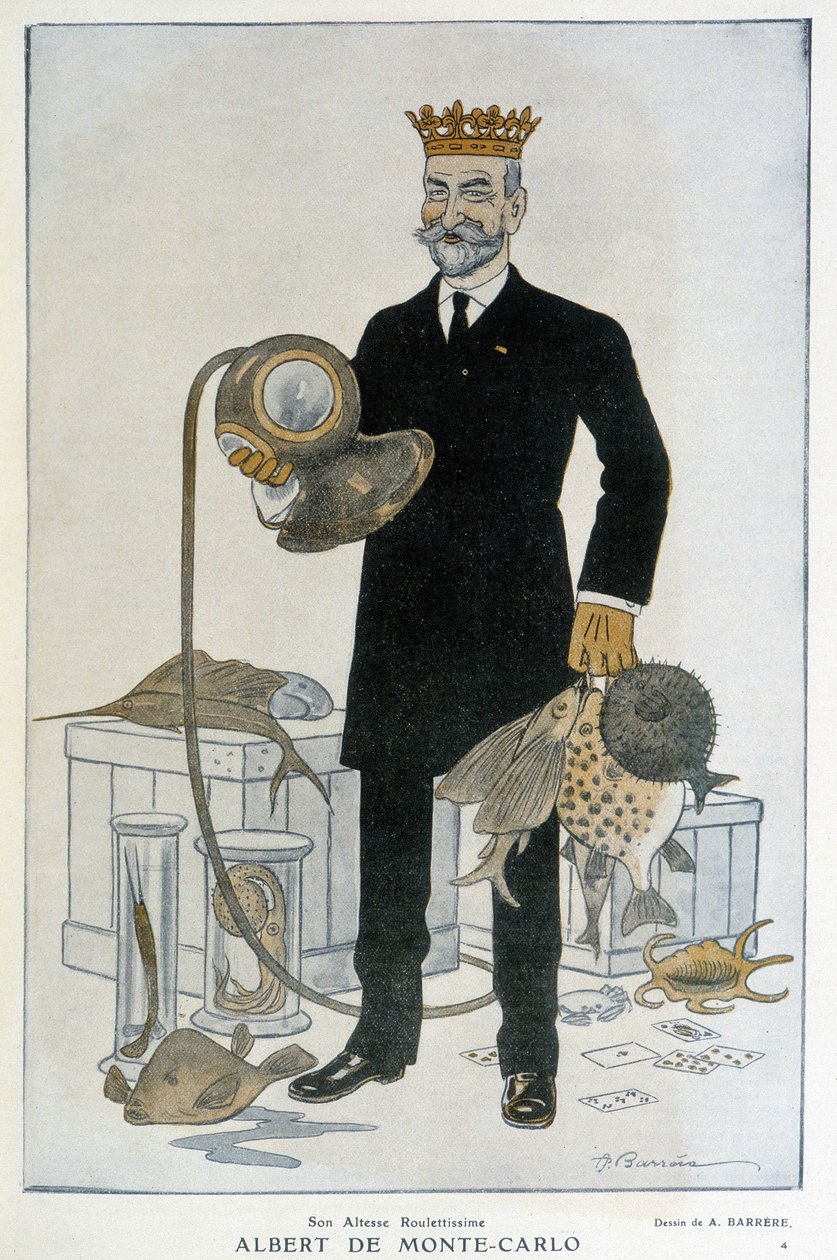 Albert 1er de Monaco (1848-1922), założyciel Muzeum Oceanograficznego w Monte Carlo - Ilustracja Adriena Barrere (1877-1931) W Fantasio 15.04.1914 autorstwa Adrien Barrere