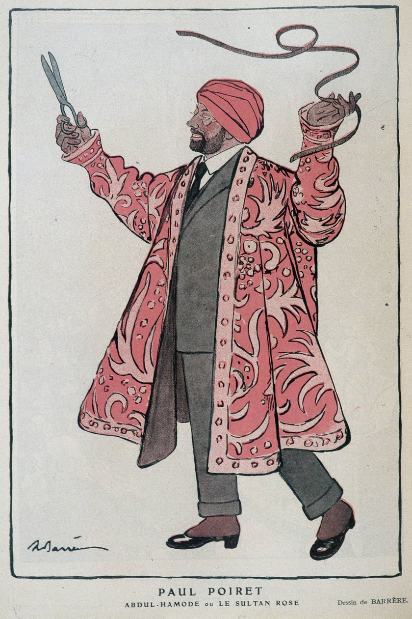 Karykatura Paula Poireta, francuskiego projektanta i projektanta (1879-1944) w „Abdul-Hamode lub Le Sultan Rose”” – ilustracja Adriena Barrere (1877-1931) W Fantasio, 1.12.1919 autorstwa Adrien Barrere