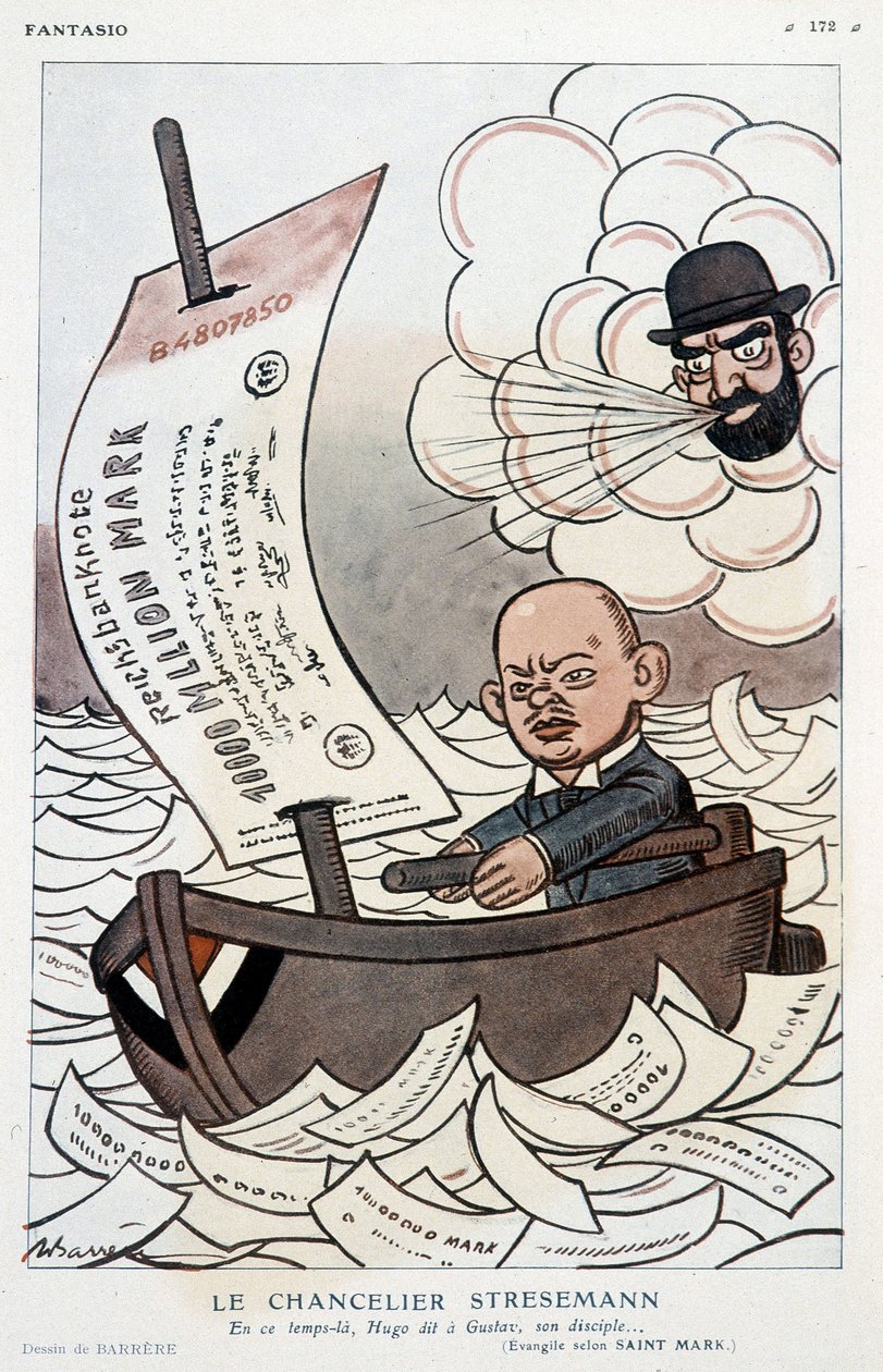 Karykatura dotycząca niemieckiego kanclerza Gustava Stresemanna (1878-1929) i dewaluacji marki – ilustracja Adriena Barrere (1877-1931) w „” Fantasio”” z 1.11.1923 autorstwa Adrien Barrere