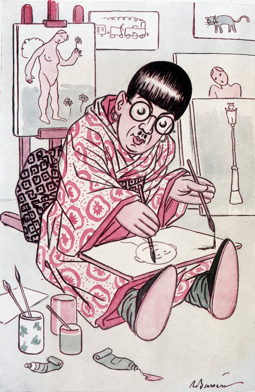 Karykatura przedstawiająca Tsuguharu Fujitę, ochrzczonego Leonarda Foujitę, francuskiego malarza pochodzenia japońskiego (1886-1968). Rysunek Barrere w Fantasio, 01.04.1927. autorstwa Adrien Barrere