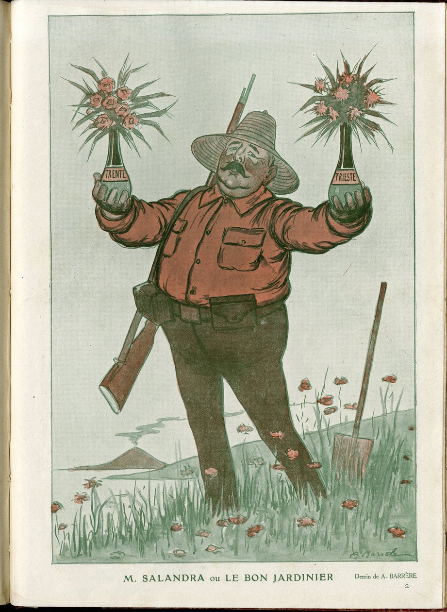 Ilustracja Barrere (1874-1931) w „”Fantasio”””, 06.01.2015 - Pan Salandra lub Dobry Ogrodnik - Wojna 14-18, Włochy, Wino, Neutralność, Kwiaty, Erupcje Wulkanów, Przewodniczący Sobór, Triest - Salandra Antonio autorstwa Adrien Barrere