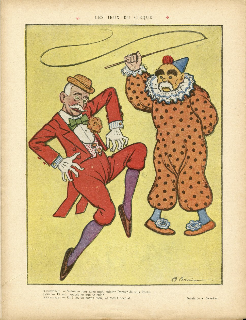 Ilustracja przedstawiająca Barrere (1874-1931) w Le Rire, 22.02.13 - Igrzyska cyrkowe - Clemenceau George, Pams Jules (1852-1930), cyrk, karnawał/gra/cyrk autorstwa Adrien Barrere