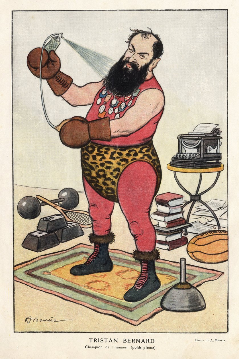 Portret Tristana Bernarda (1866-1947), francuskiego pisarza, rysunek Barrere w „Fantasio” z kwietnia 1915. autorstwa Adrien Barrere