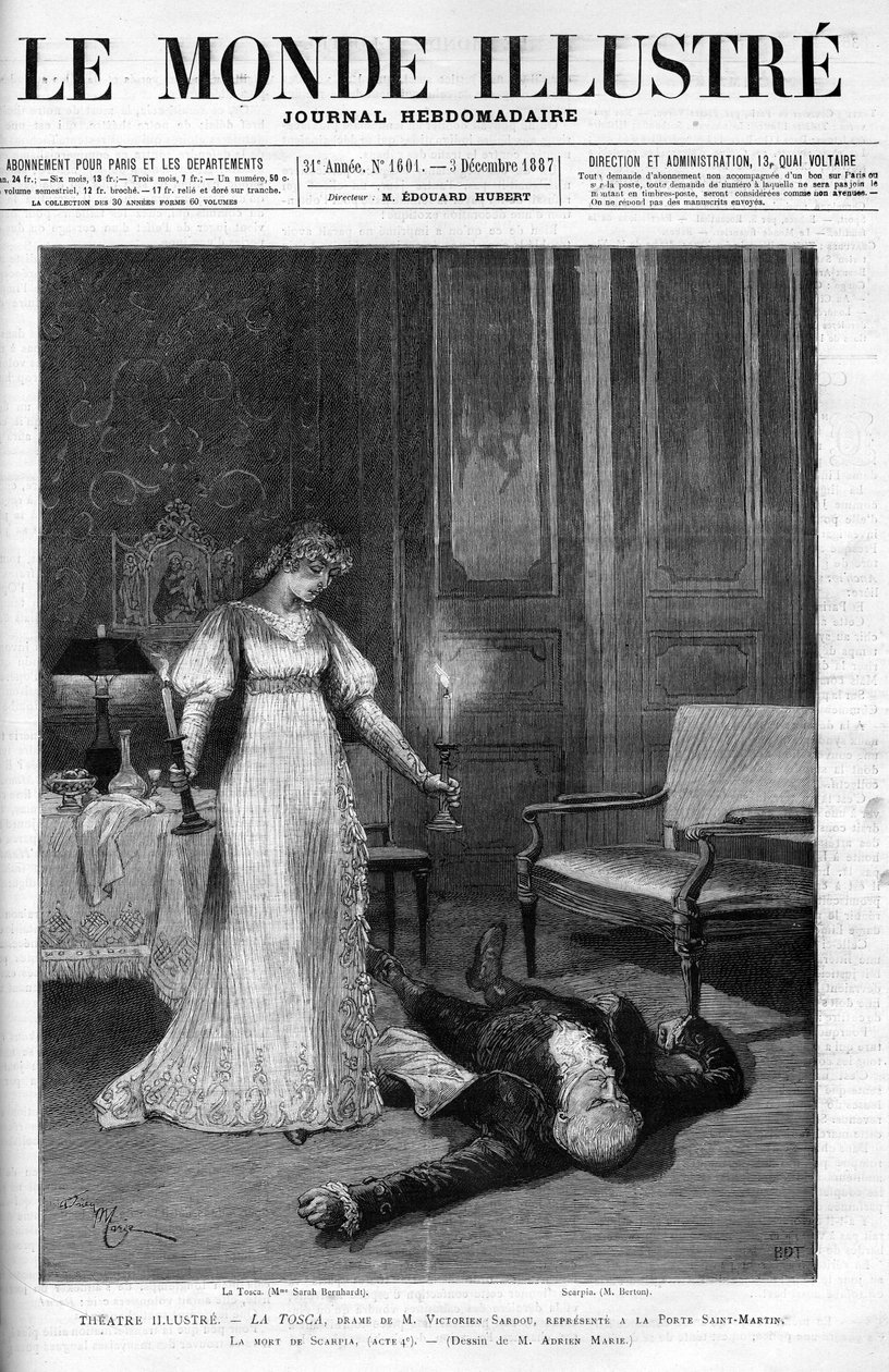 Śmierć Scarpii (Monsier Berton), ilustracja czwartego aktu „Tosca” z Sarah Bernhardt jako La Tosca, okładka „Le monde Illustre” autorstwa Adrien Emmanuel (after) Marie