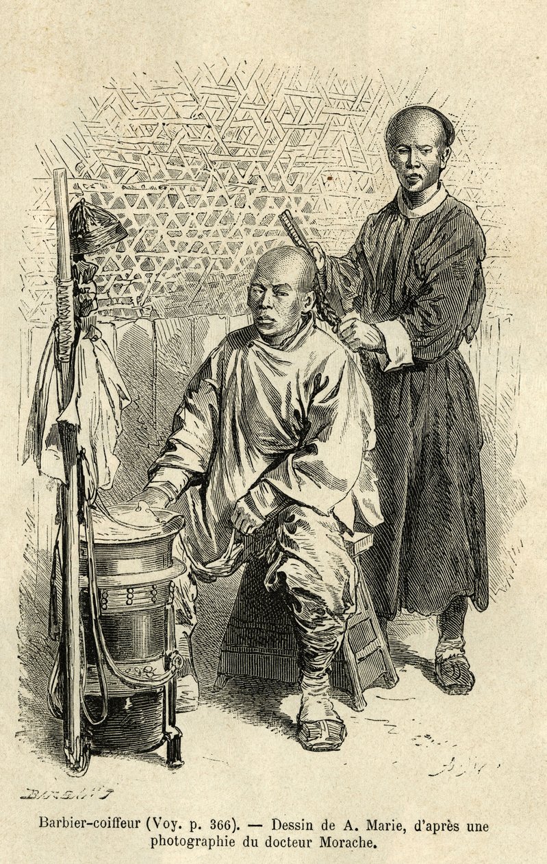 Jego ekwipunek podróżny to barber barber barber, ławka i drewniane cylindryczne pudełko z przegródkami i miską. Grawer na podstawie rysunku A.Marie, ilustrujący podróż do Pekinu i północnych Chin, T.Choutze, w 1873, opublikowany w autorstwa Adrien Emmanuel Marie