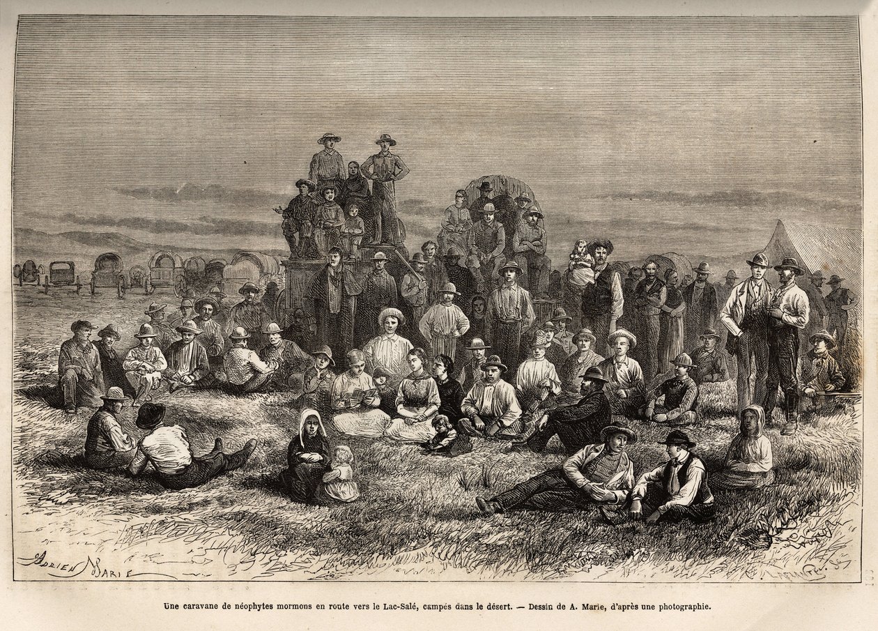 Karawana neofitów mormońskich w drodze do jeziora Sale, w swoim obozie na pustyni, rycina według rysunku A.Marie, ilustrująca podróż z Waszyngtonu do San Francisco w 1868 r., autorstwa L. Simonina, opublikowana w „Le tour du monde” ”” 1874, pod redakcją Ed autorstwa Adrien Emmanuel Marie