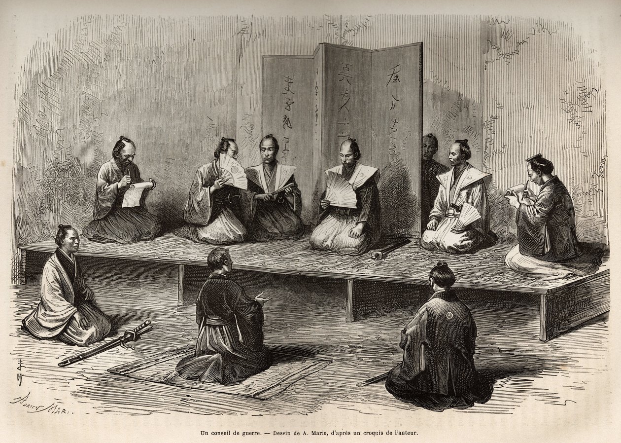 Rada wojenna w Edo (dzisiejsze Tokio), która skupia oficerów taicoun (szef władzy doczesnej), aby stawić czoła powstaniu daimios (lub daimyos: szlachta japońska) tuż przed restauracją meiji (1868), grawerowanie po A.Marie autorstwa Adrien Emmanuel Marie