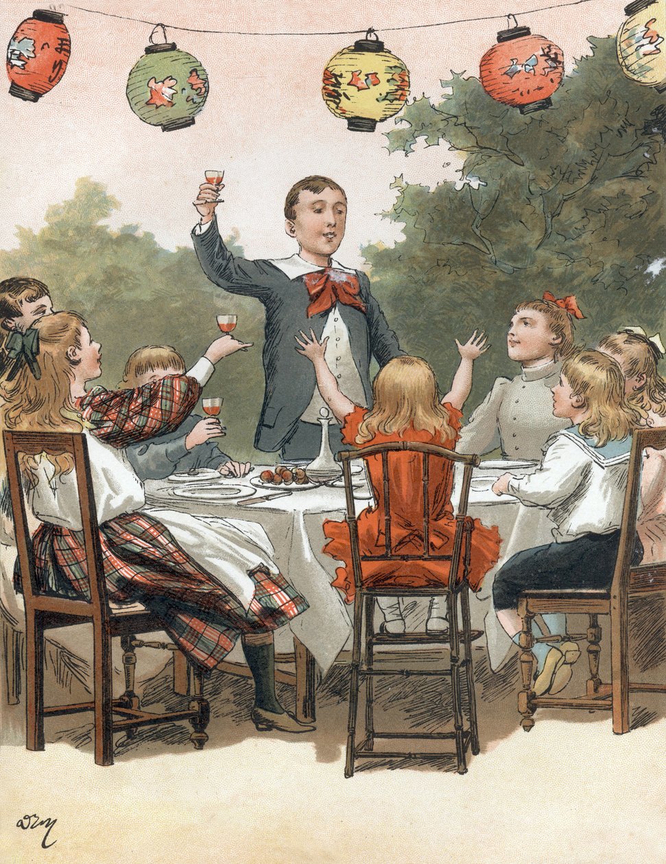 Młody chłopiec przemawia, dzieci brzęczą szklanką, ilustracja Adriena Marie w książce Tout a la joie Zari, publikacja Emile Guerin 1890 autorstwa Adrien Emmanuel Marie