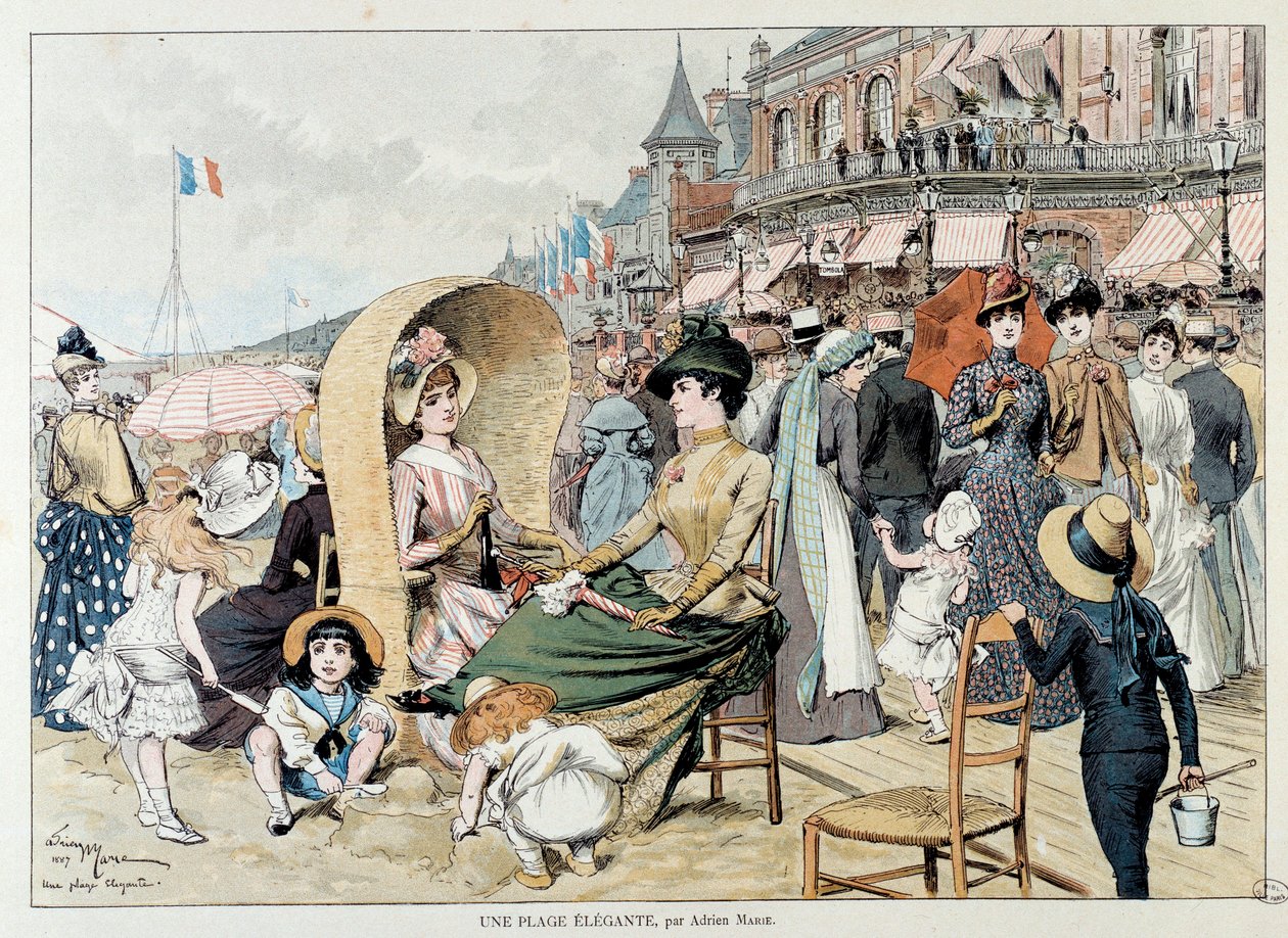Elegancka plaża. Urocze panie z dziećmi wśród tłumu bawiącego się na plaży we Francji. Grawerowanie autorstwa Adriena Marie autorstwa Adrien Emmanuel Marie