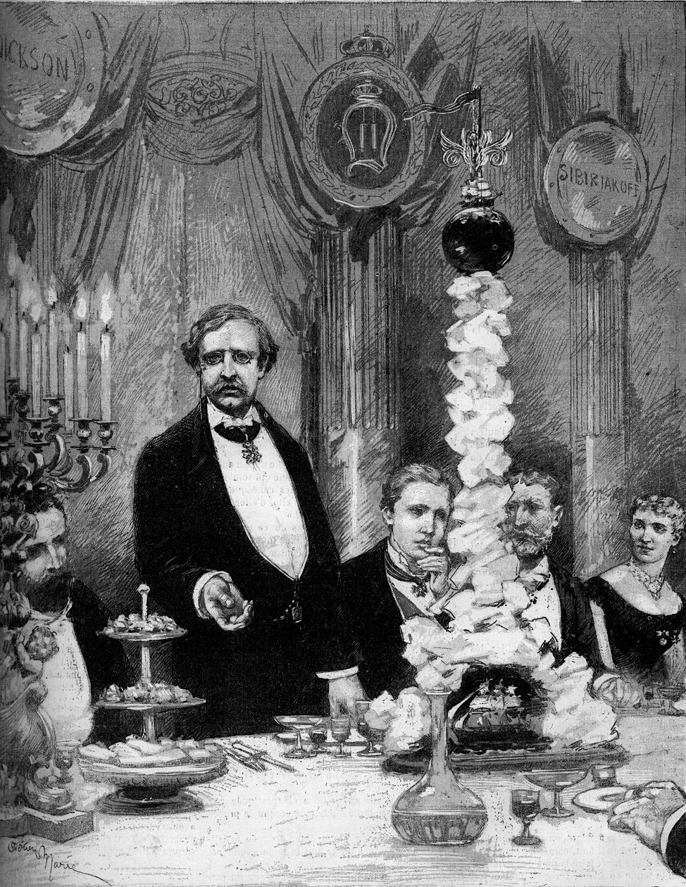 Bankiet wydany przez skandynawską kolonię Paryża na cześć odkrywcy Nilsa Adolfa Erika (Erica) Barona Nordenskjolda (Nordenskiolda) (1832-1901) w hotelu Continental. Prezenty to: hrabia Kapnitz, profesor Nordenskjold, książę szwedzki Oscar (1859-1953) autorstwa Adrien Emmanuel Marie