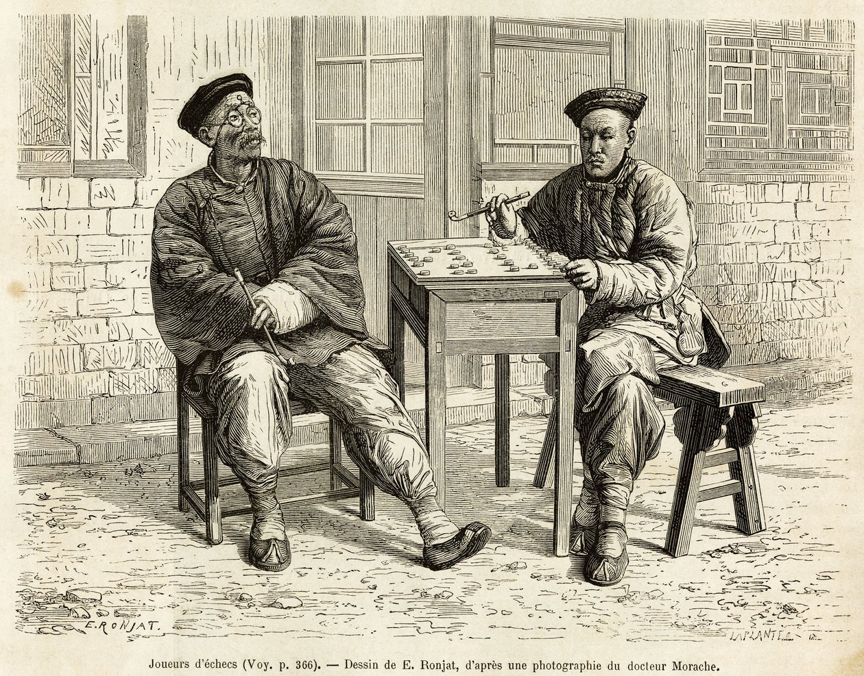 Szachiści. Grawer na podstawie rysunku A.Marie, dla zilustrowania podróży do Pekinu i północnych Chin, T.Choutze, w 1873, opublikowany w „Le tour du monde”” 1876, pod redakcją Edouarda Chartona, wyd. Hachette, Paryż. Kolekcja Selva. autorstwa Adrien Emmanuel Marie