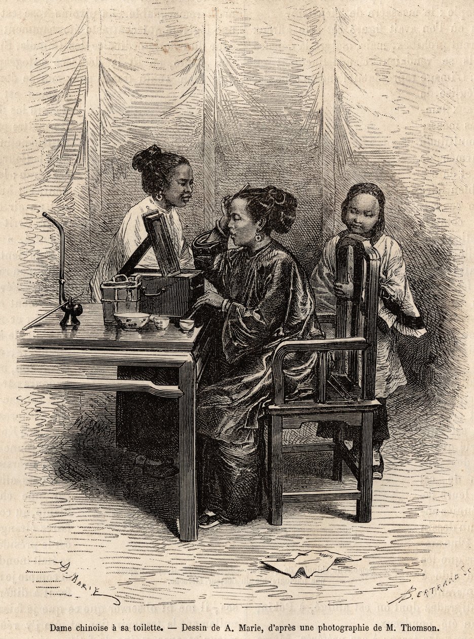 Chinka ma toaletę. Grawer na podstawie rysunku A.Marie, dla zilustrowania podróży do Pekinu i północnych Chin, T.Choutze, w 1873, opublikowany w „Le tour du monde”” 1876, pod redakcją Edouarda Chartona, wyd. Hachette, Paryż. Kolekcja Selva. autorstwa Adrien Emmanuel Marie