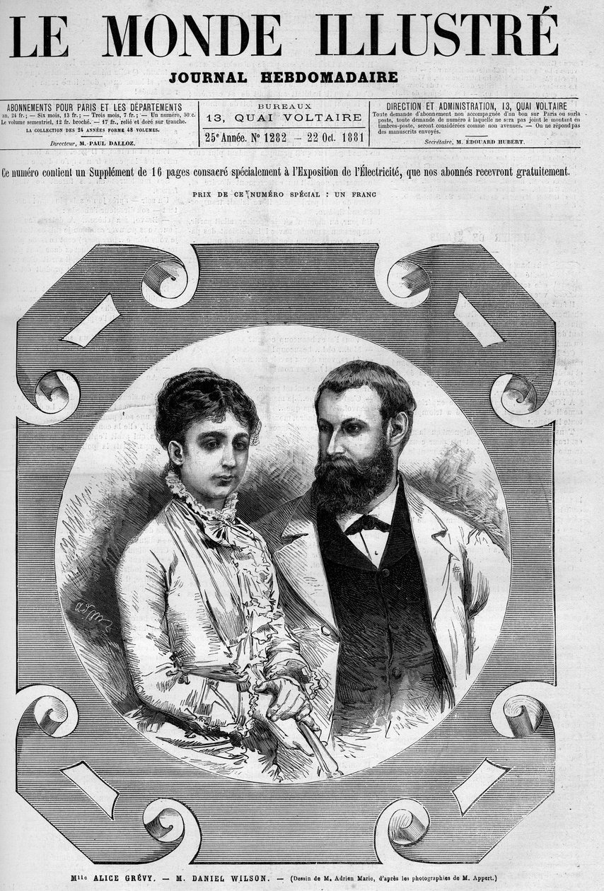 Portret Daniela Wilsona (1840-1919), francuskiego polityka z żoną Alice Grevy. Grawerowanie autorstwa Adriena Marie. Jeden z „Wspaniałego Świata” nr 1282 z 22 października autorstwa Adrien Emmanuel Marie