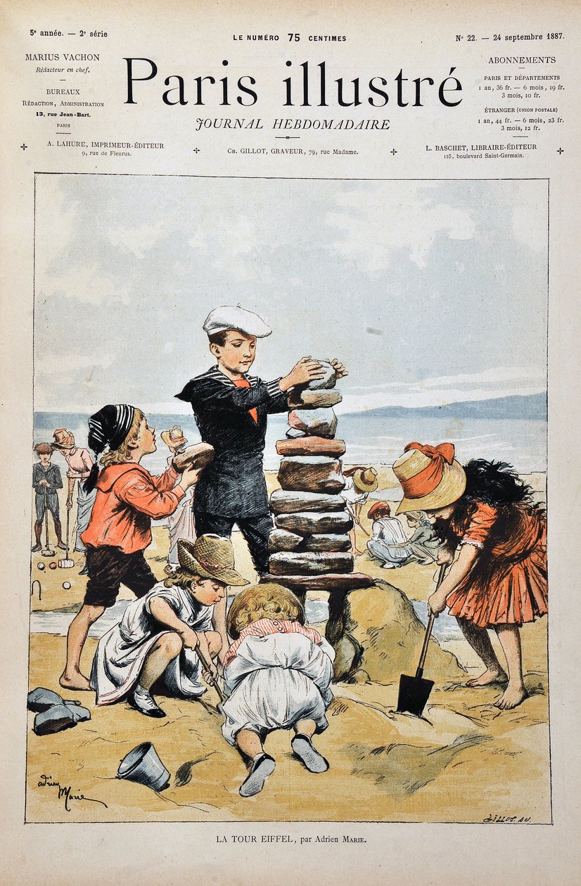 Wieża Eiffla Grupa dzieci bawiących się na plaży i realizujących replikę Wieży Eiffla z kamieni i piasku. ilustracja autorstwa Adriena Marie (1848-1891). Rycina z 1887 r. w tygodniku „Paryż-Prześwietny””. autorstwa Adrien Emmanuel Marie