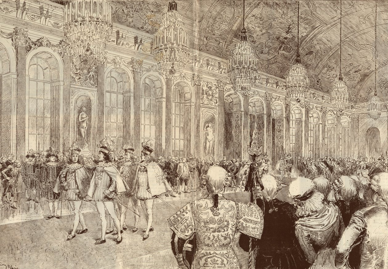 Procesja rycerzy Zakonu Ducha Świętego (Ducha Świętego) w lodowej galerii zamku w Wersalu w dniu Pięćdziesiątnicy w 1789 r. Rysunek Adriena Marie z 1889 r. autorstwa Adrien Emmanuel Marie