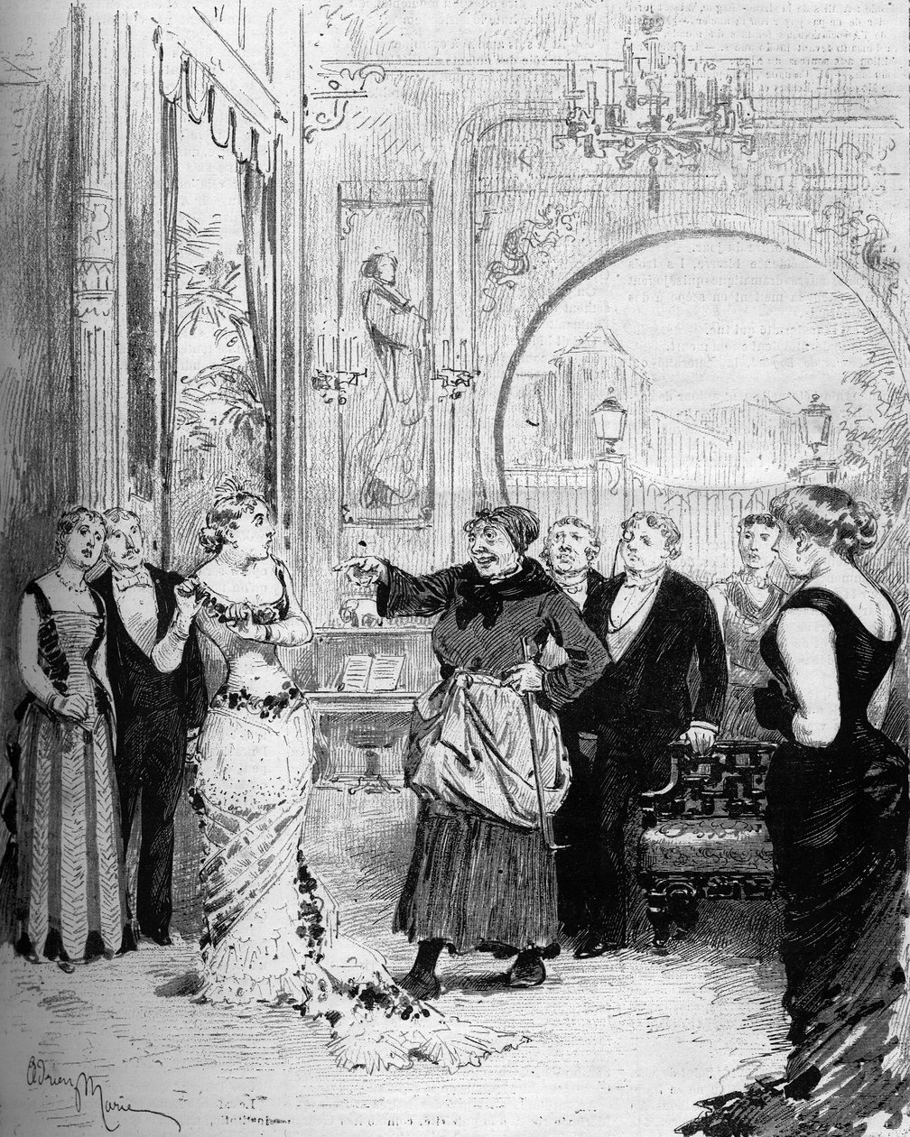 Przedstawienie teatralne: „”Nana”” Williama Busnacha (1832-1907) według Emile Zola (1840-1902) z Louise Massin (1847-1901) (Nana) i Melle Honorine (Pomare). Paryż, Teatr de l