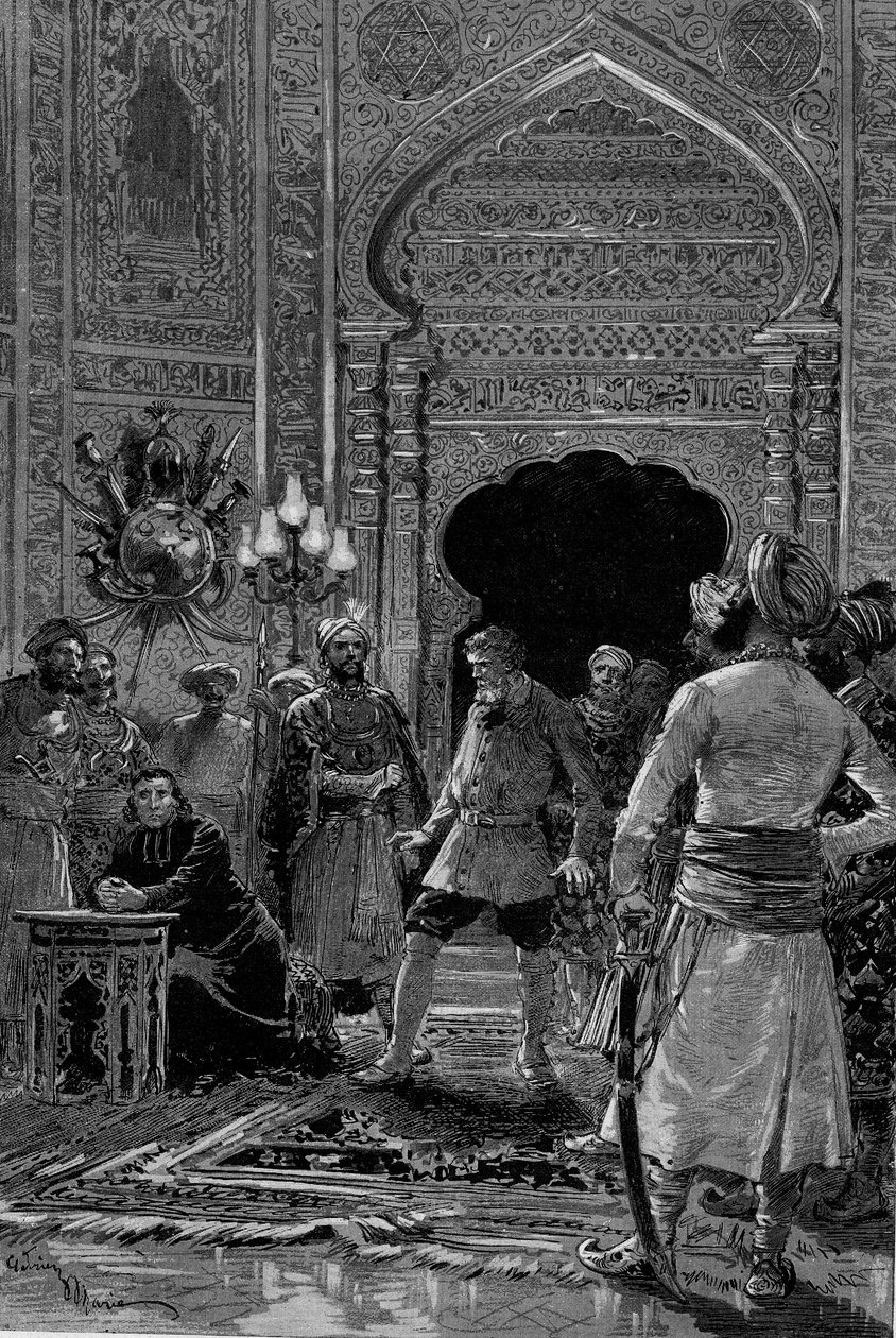 Przedstawienie teatralne: Scena VI „Le Pritre” Charlesa Bueta (1846-1897) z Paulem Felixem Josephem Tailliade (1826-1896) (Abbe Patrice) i Montalem (Nicolas Charles Bonlarron autorstwa Adrien Emmanuel Marie