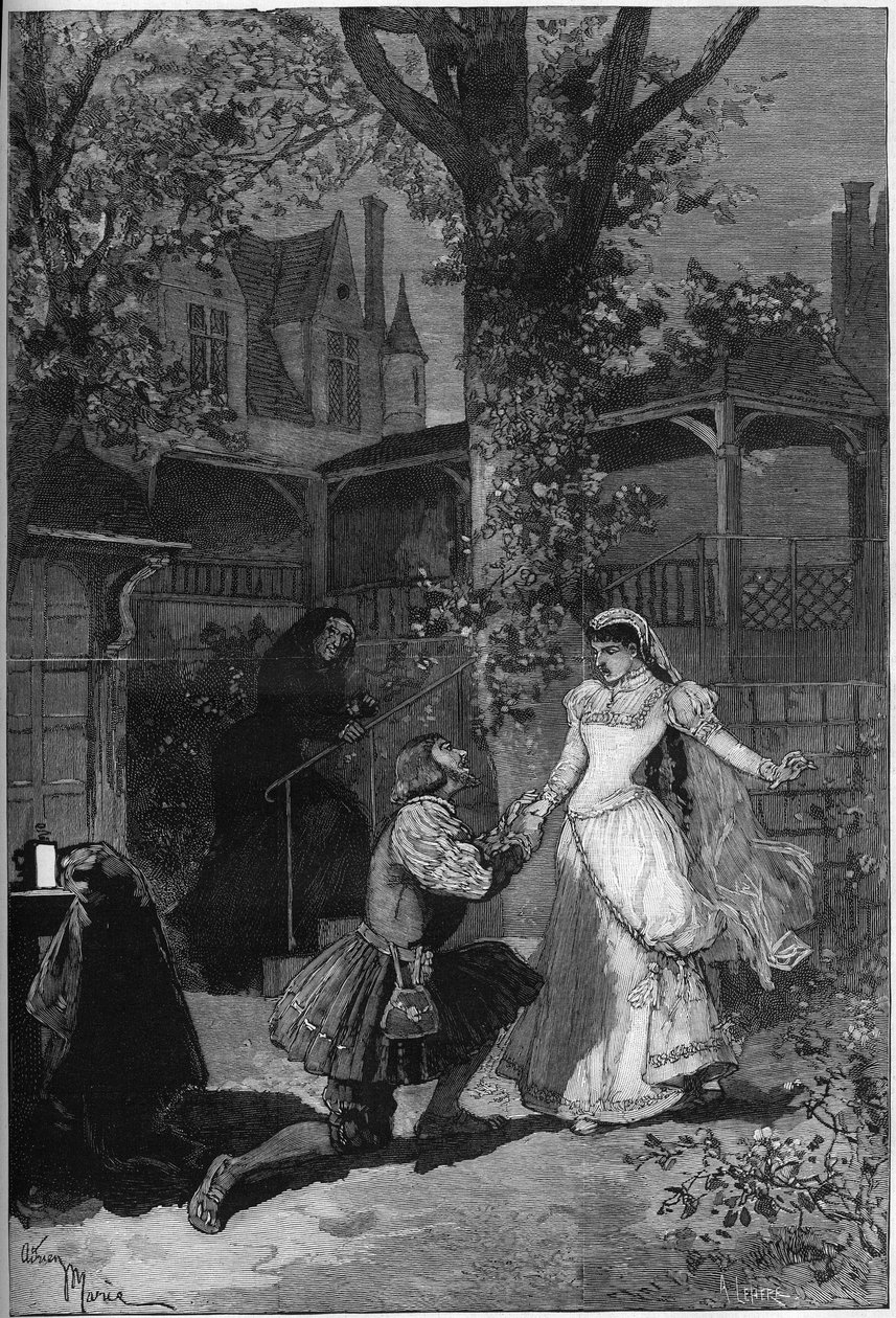 Przedstawienie teatralne: „Król się bawi” Victora Hugo (1808-1883). Akt II scena 5: dom Tribouleta, król Francois I (Mounet Sully (lub Mounet Sully) 1841-1916) u stóp Blanche (Julia Bartet autorstwa Adrien Emmanuel Marie