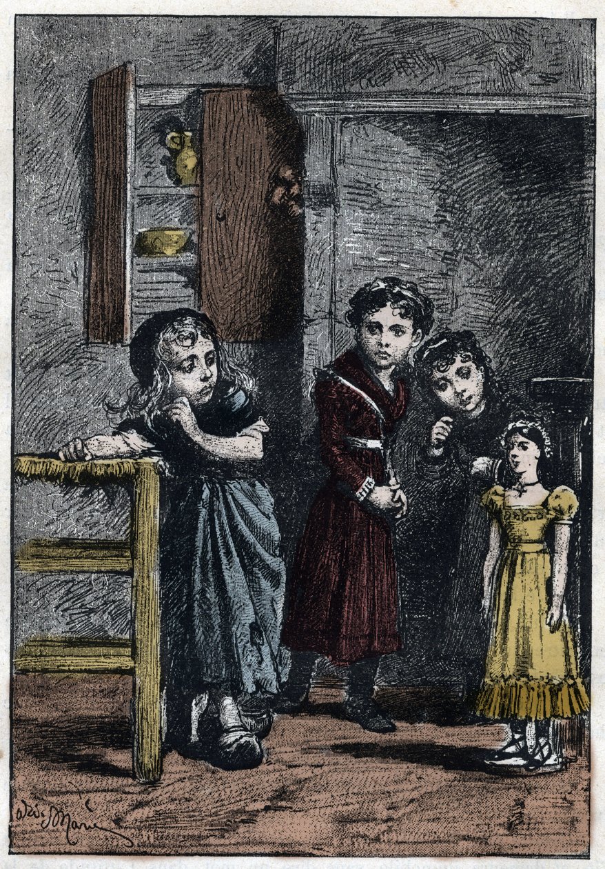 Dwie córki Thenardiera, Eponine i Azelma, patrzą na Cosette, która otrzymała lalkę Catherine - Ilustracja autorstwa Adriena Marie (1848-1891) do „Nieszczęśnicy - Część druga: Cosette” Victora Hugo (1802-1885) 1862 autorstwa Adrien Emmanuel Marie