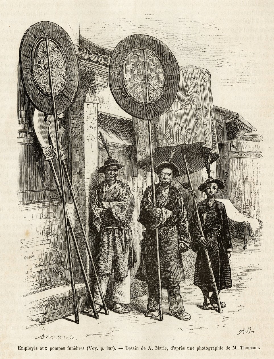 Trzech pracowników pogrzebowych w Pekinie. Grawer na podstawie rysunku A.Marie, dla zilustrowania podróży do Pekinu i północnych Chin, T.Choutze, w 1873, opublikowany w „Le tour du monde”” 1876, pod redakcją Edouarda Chartona, wyd. Hachette, Paryż. Kolekcj autorstwa Adrien Emmanuel Marie