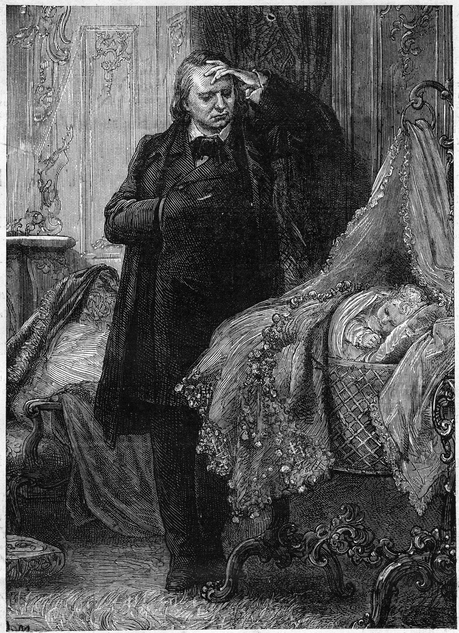 Victor Hugo obserwuje dziecko śpiące w łóżeczku. Ilustracja do „Historii zbrodni” Victora Hugo (1802-1885). Ilustracja autorstwa M. A. Marie autorstwa Adrien Emmanuel Marie
