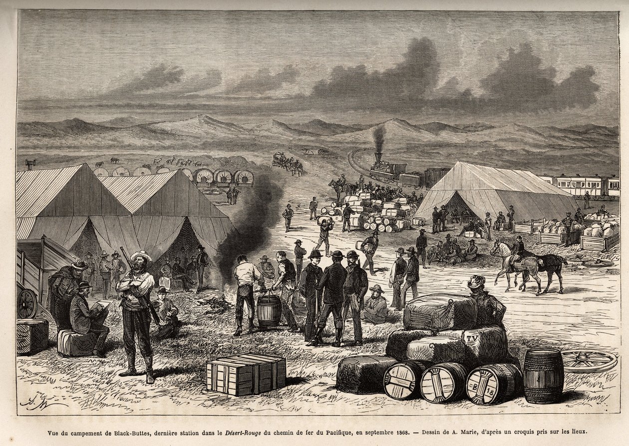 Widok na obóz Black Buttes, ostatnią stację na czerwonej pustyni (pustynia Mojave) Kolei Pacyficznej, we wrześniu 1868 r., rycina wg rysunku A.Marie, ilustrująca podróż z Waszyngtonu do San Francisco, w 1868 r., autorstwa L. Simonin, opublikowany w autorstwa Adrien Emmanuel Marie