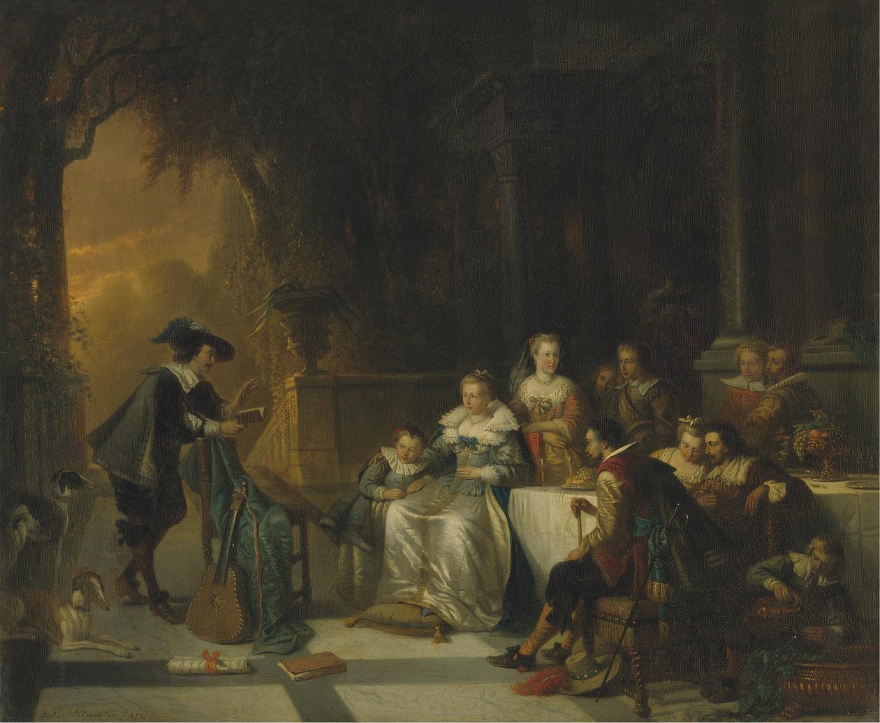 John Dryden czyta jeden ze swoich wierszy przed sądem, 1869 autorstwa Adrien Ferdinand de Braekeleer