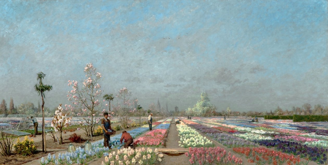 Rozkwitające pola hiacyntu w szkółce Van Houtte, Gandawa z widokiem na kościół św. Mikołaja, dzwonnicę i katedrę św. Bawona, 1883 autorstwa Adrien Louis Demont