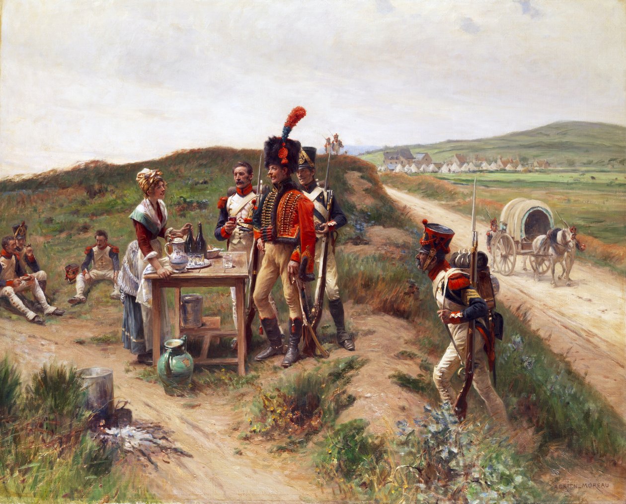 Żołnierze zatrzymują się u młodego sprzedawcy na targu autorstwa Adrien Moreau