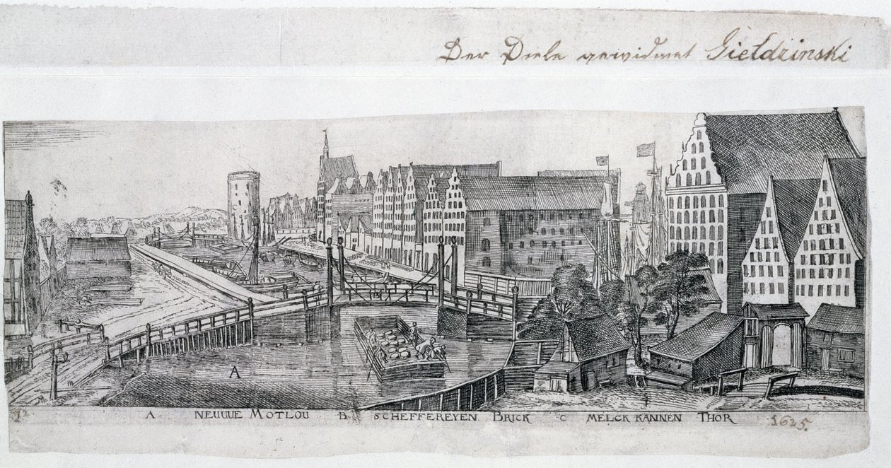 Spichlerze w Gdańsku nad Maltawą, ilustracja 9 z albumu „Główne miejsca i budynki w mieście” autorstwa Aegidius Dickmann