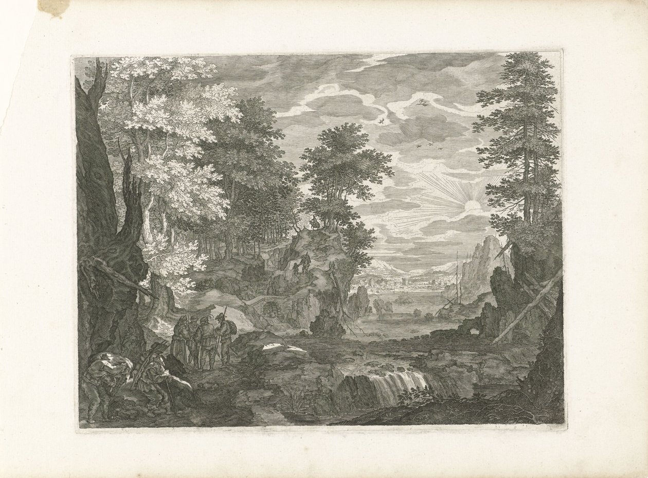 Wodospad z miastem w tle Cztery pejzaże w Czechach (tytuł serii) autorstwa Aegidius Sadeler (II) (attributed to)