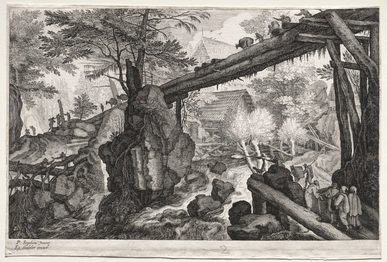 Osiem czeskich pejzaży: Pejzaż z mostem z bali nad kataraktą, ok. 1930 r. 1610-1615. autorstwa Aegidius Sadeler or Saedeler