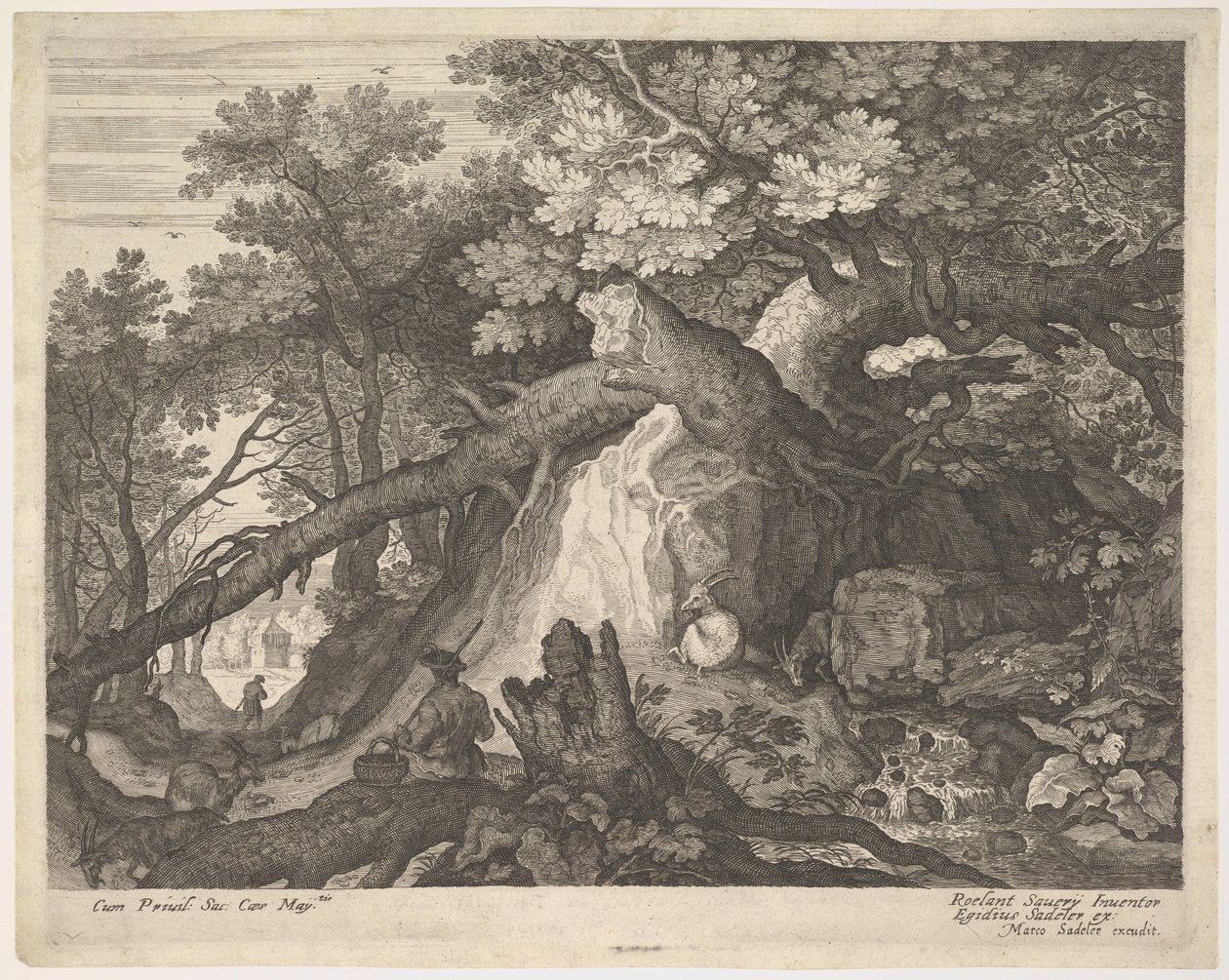 Mężczyzna trzymający laskę i siedzący na pniu drzewa, z dwoma kozami po obu stronach, surro..., ca. 1600. autorstwa Aegidius Sadeler II