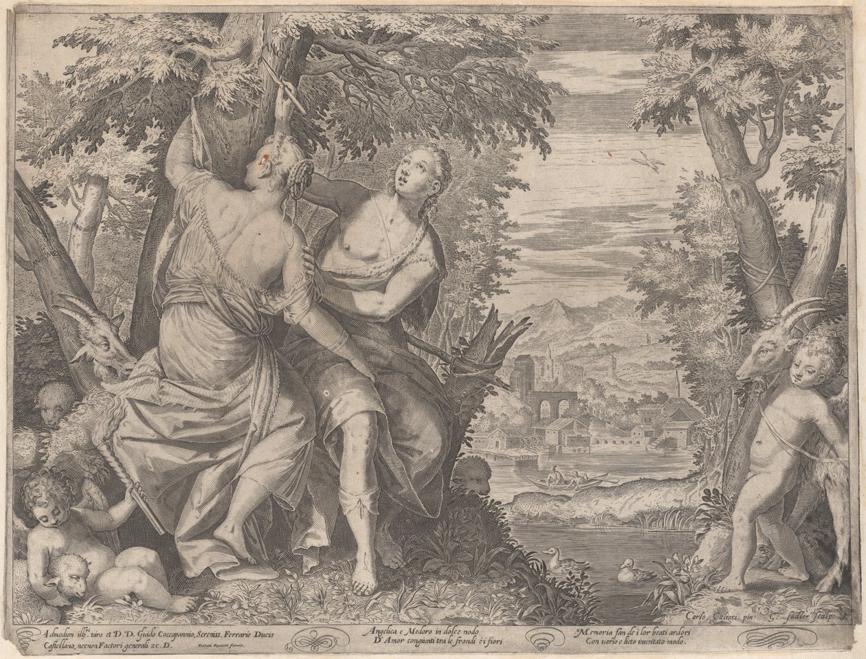 Angelica i Medoro stoją nad strumieniem, gdy Medoro rzeźbi ich imiona w tr..., 1590-98. autorstwa Aegidius Sadeler II