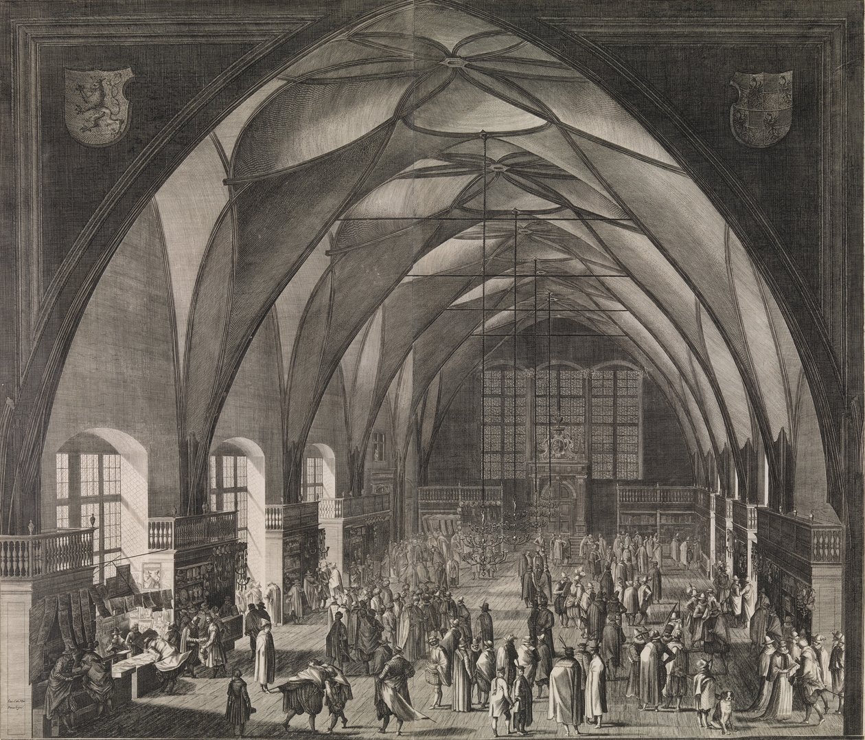 Widok wnętrza Sali Władysława na Zamku Praskim podczas dorocznych targów, 1607., 1607. autorstwa Aegidius Sadeler II