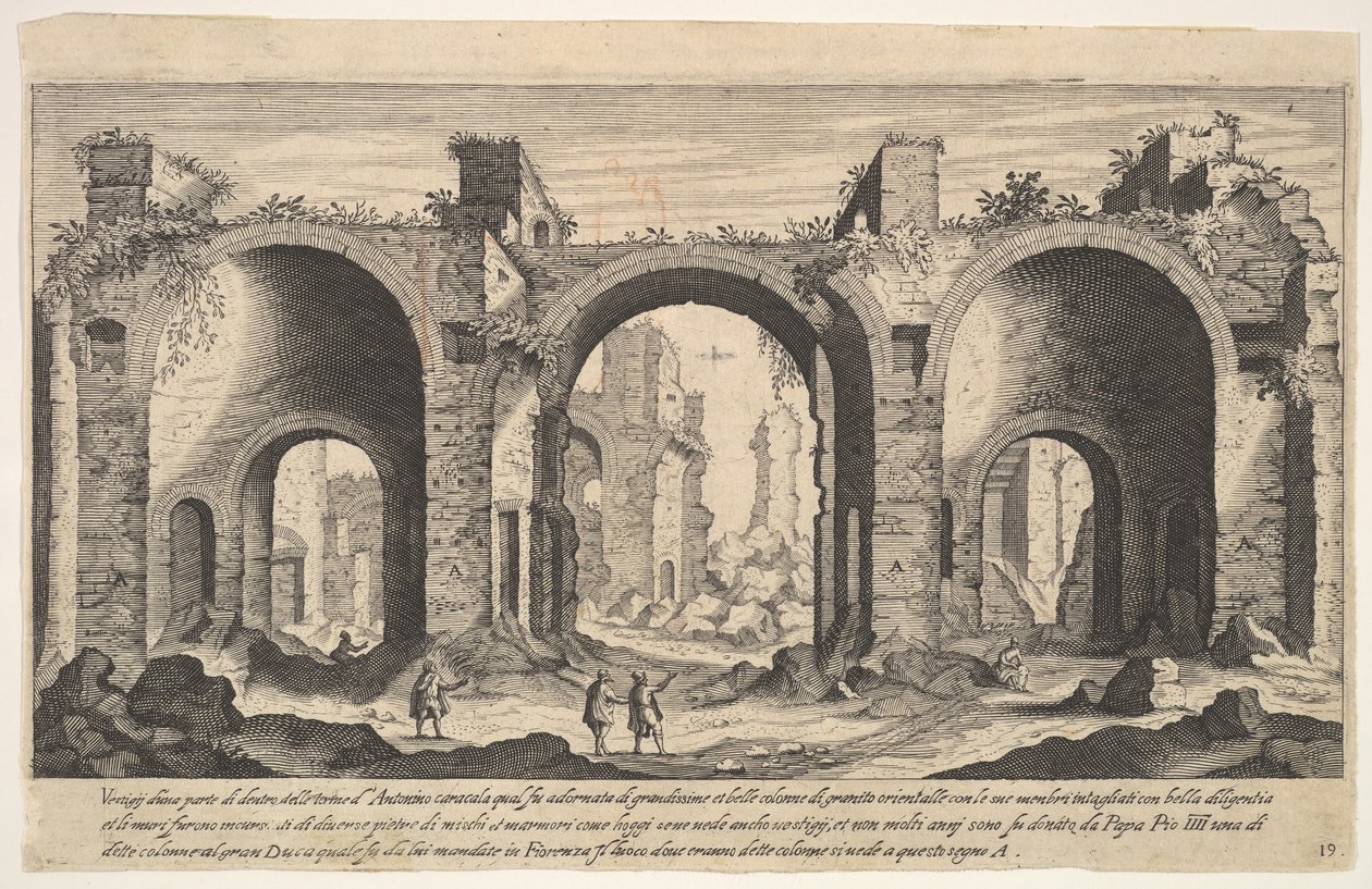 Tablica 19: widok Term Karakalli, wskazujący wpisaną literą A miejsca…, 1606. autorstwa Aegidius Sadeler II