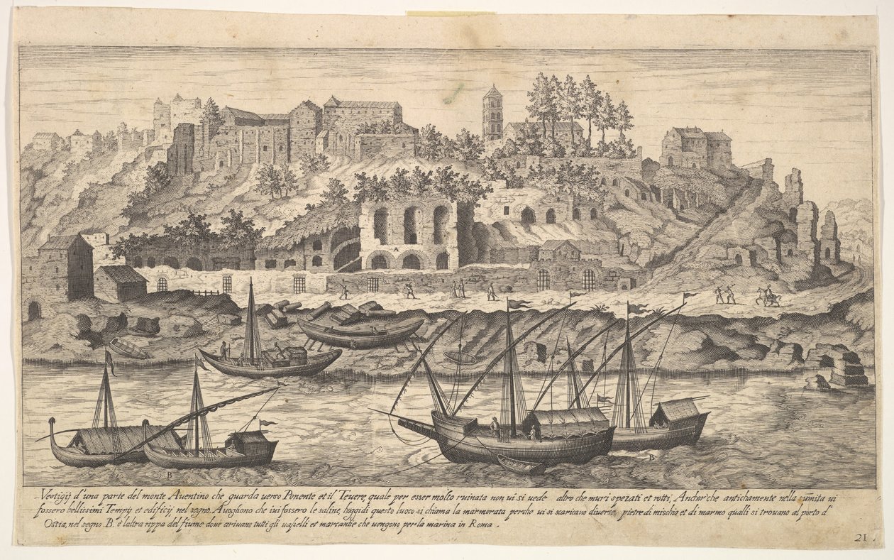 Ilustracja 21: widok od zachodu na ruiny Awentynu w Rzymie, z łodziami na rzece…, 1606. autorstwa Aegidius Sadeler II