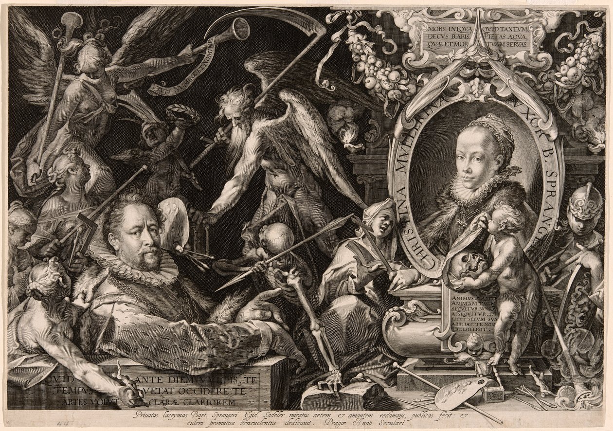 Portret Bartolomaeusa Sprangera z alegorią śmierci jego żony, Christina Müller autorstwa Aegidius Sadeler II