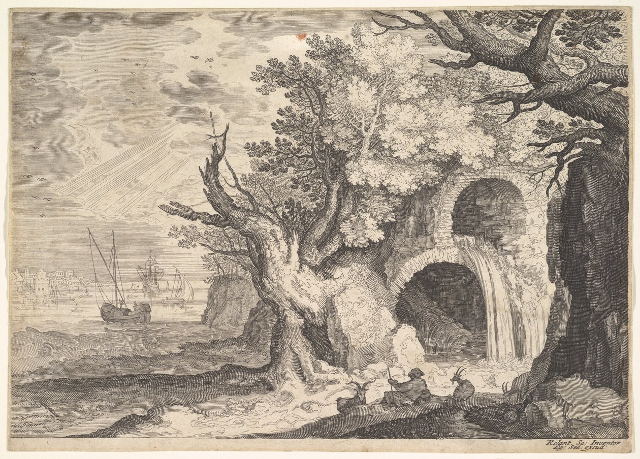 Zrujnowany akwedukt z wodą spływającą z niego do strumienia poniżej, statki na morzu za nimi, a..., ca. 1600. autorstwa Aegidius Sadeler II
