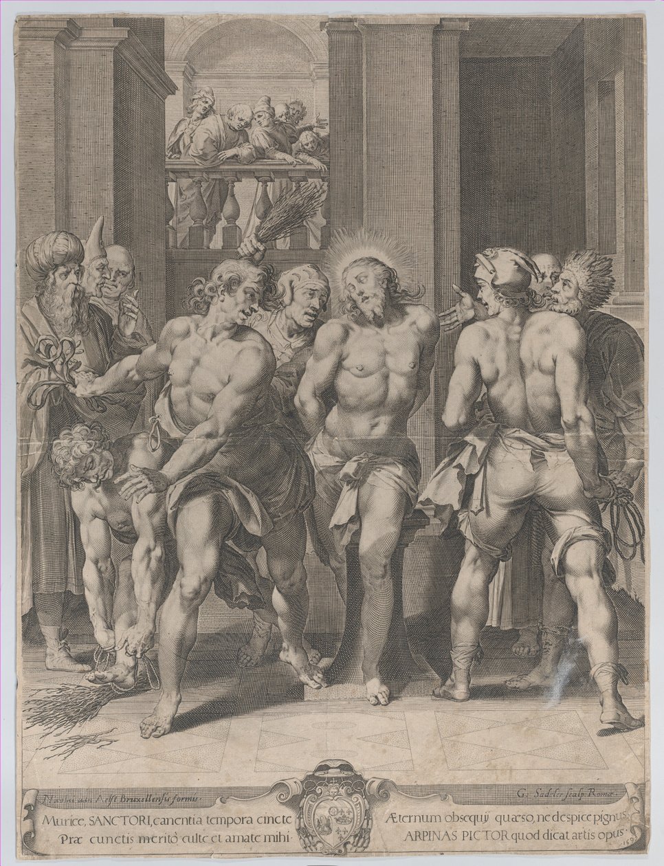 Biczowanie Chrystusa z biczami po obu stronach i postaciami oglądającymi z balkonu..., 1593. autorstwa Aegidius Sadeler II