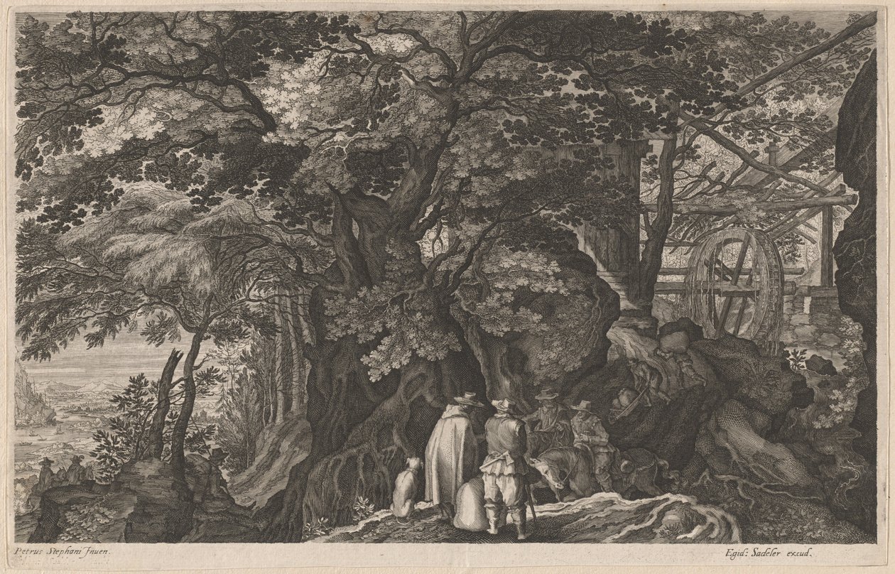 Starożytne drzewa przy górskim młynie wodnym autorstwa Aegidius Sadeler II after Pieter Stevens