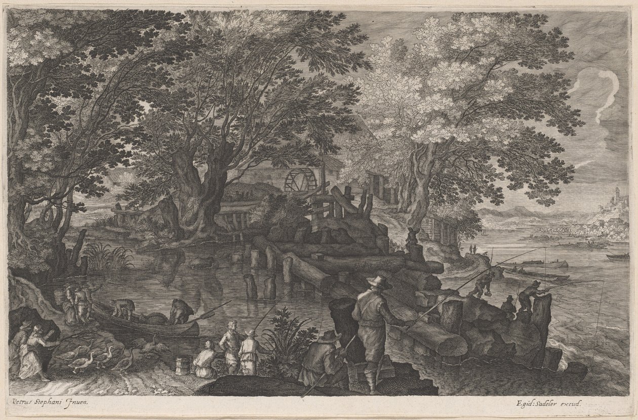 Rybacy przy młynie wodnym na wyspie autorstwa Aegidius Sadeler II after Pieter Stevens
