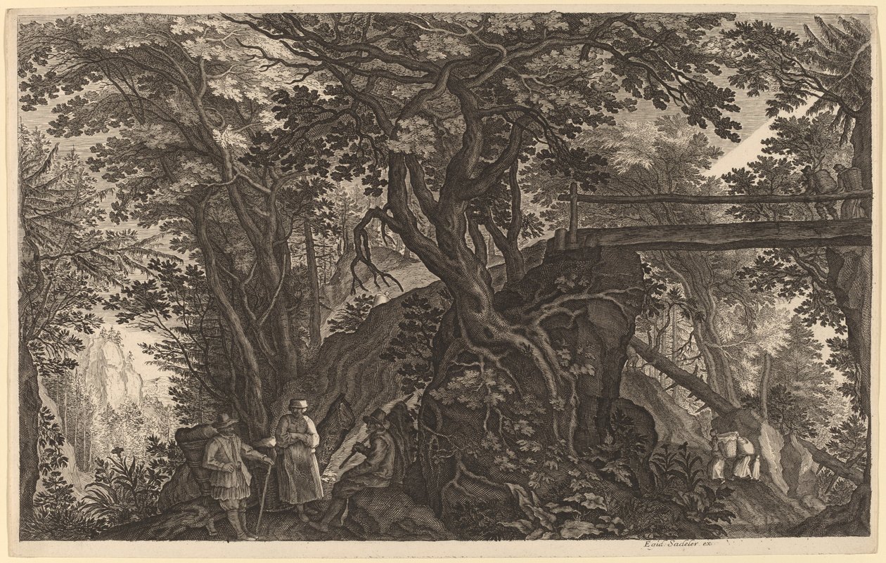Leśny krajobraz z dwoma mężczyznami i kobietą odpoczywającymi w pobliżu mostu autorstwa Aegidius Sadeler II after Pieter Stevens