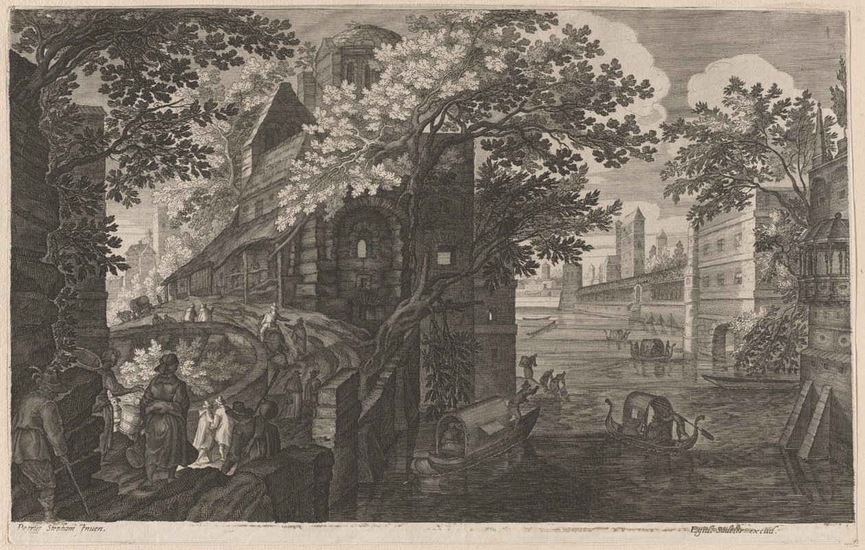 Gondole na rzece przy pałacu autorstwa Aegidius Sadeler II after Pieter Stevens