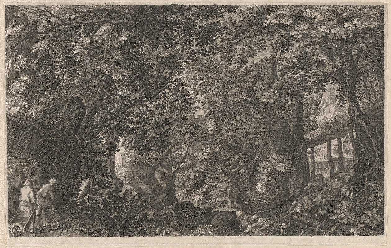 Myśliwi w lesie w pobliżu drewnianego mostu autorstwa Aegidius Sadeler II after Pieter Stevens