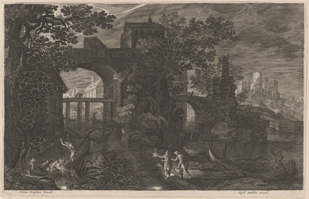 Nocne wędkowanie w pobliżu ufortyfikowanych mostów autorstwa Aegidius Sadeler II after Pieter Stevens