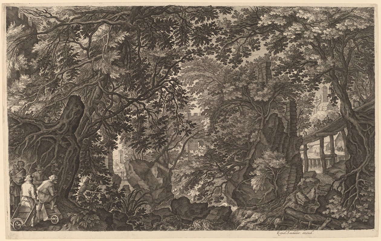 Krajobraz rzeczny z łowcą kaczek autorstwa Aegidius Sadeler II after Pieter Stevens