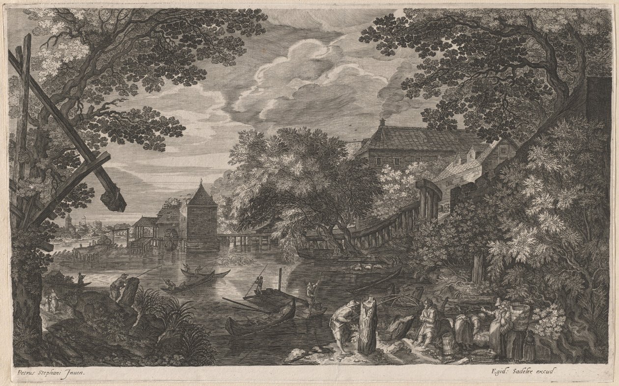 Pejzaż z rybakami przy ufortyfikowanym mieście autorstwa Aegidius Sadeler II after Pieter Stevens